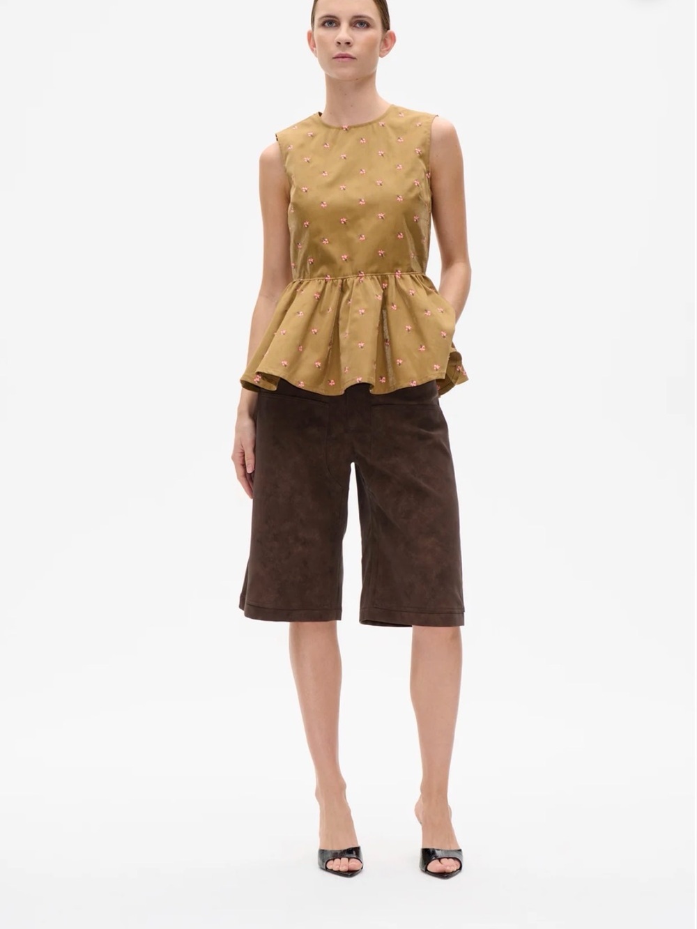Baum und pferdgarten sleevless Peplum Top in Mustard with Tiny Floral Embroidery